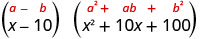 The image shows the difference of cubes factorization: (a-b)(a^2+ab+b^2) in red, with a specific example (x-10)(x^2+10x+100) in black below it.